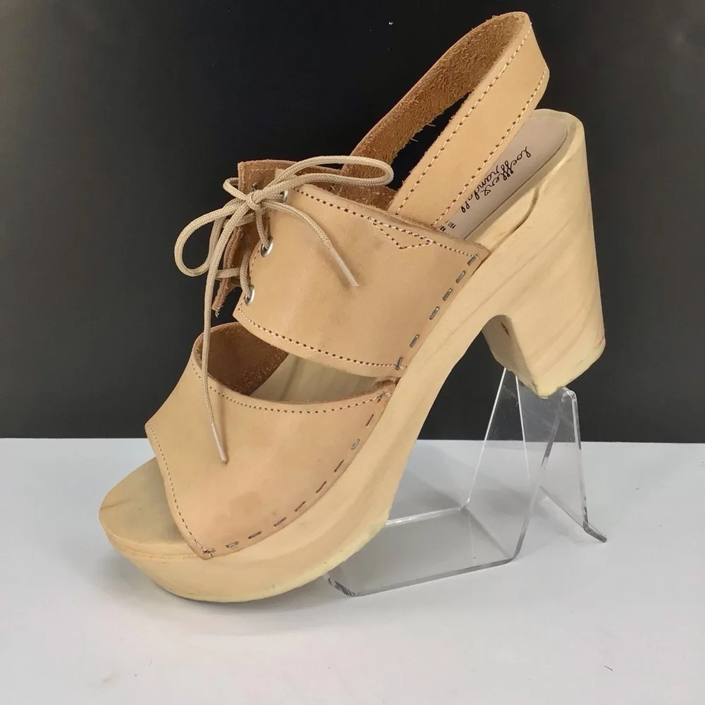 Loeffler Randall Beige Leather Open Toe Block Heel Clog Sandals Size 39 US 8.5